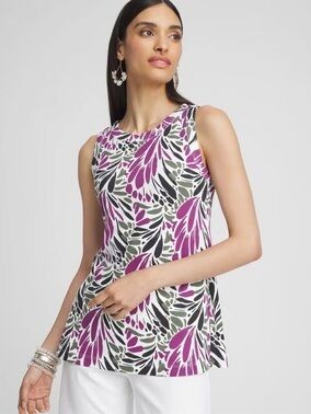 Chicos Pima Cotton Sleeveless Tunic Top Purple Green Print Shoulder Buttons XL